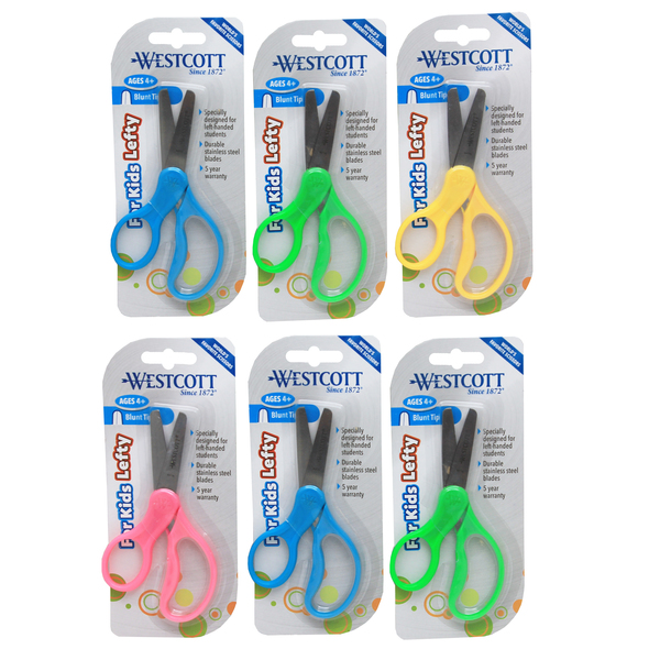 Westcott Left-Handed Kids School Scissors, 5" Blunt, Assort Colors, PK6 13594